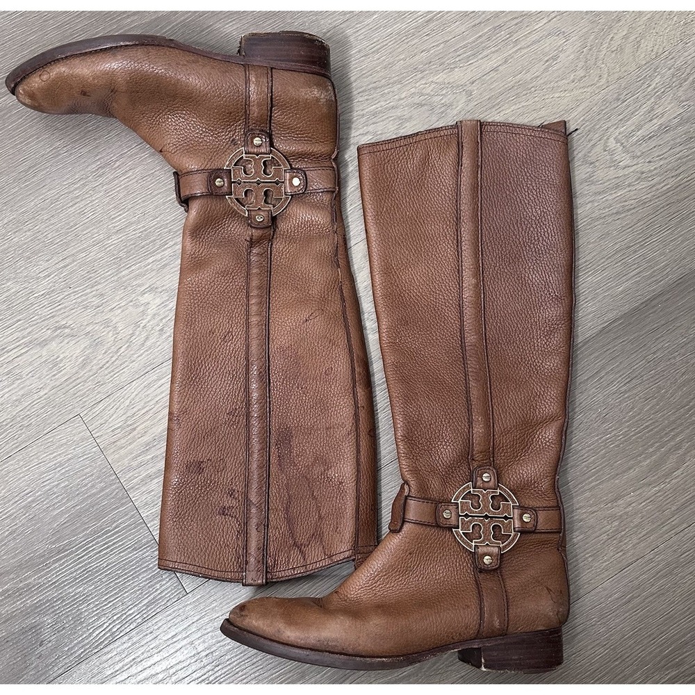 Tory Burch Womens Boots Size 8 Amanda Tall Riding Brown buckle equestrian logo